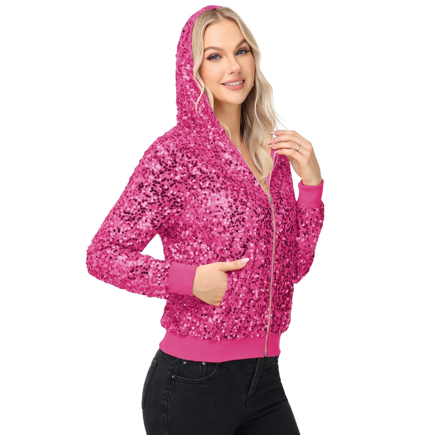 Zip-Up Hoodie Jacket with Allover Sequin Embellishments and Ribbed Trim Anna-Kaci Wholesale