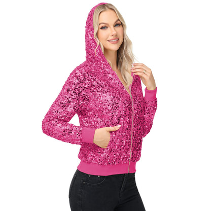 Zip-Up Hoodie Jacket with Allover Sequin Embellishments and Ribbed Trim Anna-Kaci Wholesale