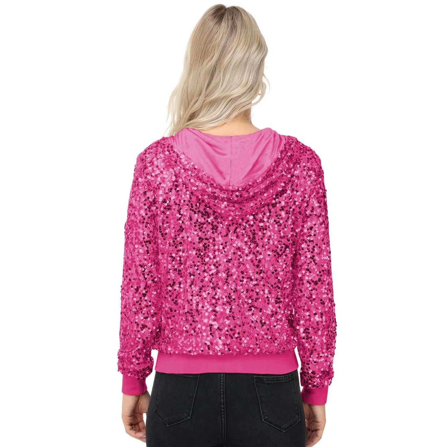 Zip-Up Hoodie Jacket with Allover Sequin Embellishments and Ribbed Trim Anna-Kaci Wholesale