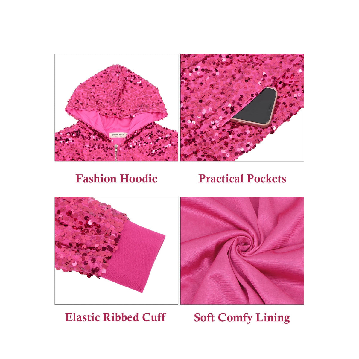Zip-Up Hoodie Jacket with Allover Sequin Embellishments and Ribbed Trim Anna-Kaci Wholesale