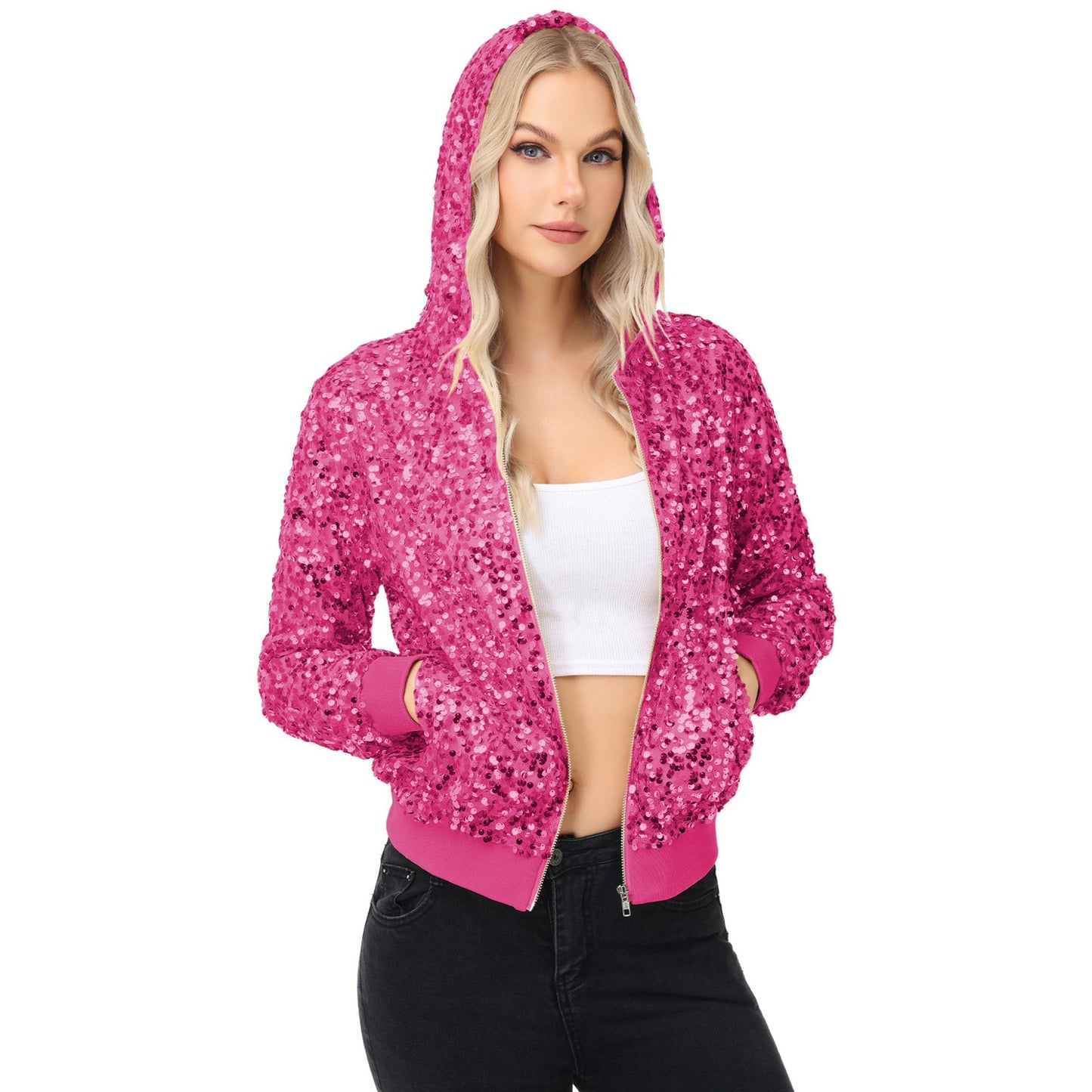 Zip-Up Hoodie Jacket with Allover Sequin Embellishments and Ribbed Trim Anna-Kaci Wholesale