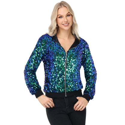 Zip-Up Hoodie Jacket with Allover Sequin Embellishments and Ribbed Trim Anna-Kaci Wholesale