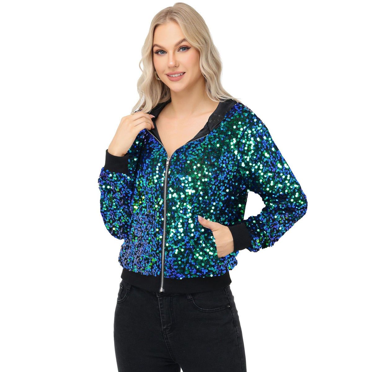 Zip-Up Hoodie Jacket with Allover Sequin Embellishments and Ribbed Trim Anna-Kaci Wholesale