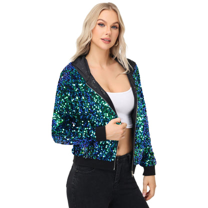 Zip-Up Hoodie Jacket with Allover Sequin Embellishments and Ribbed Trim Anna-Kaci Wholesale