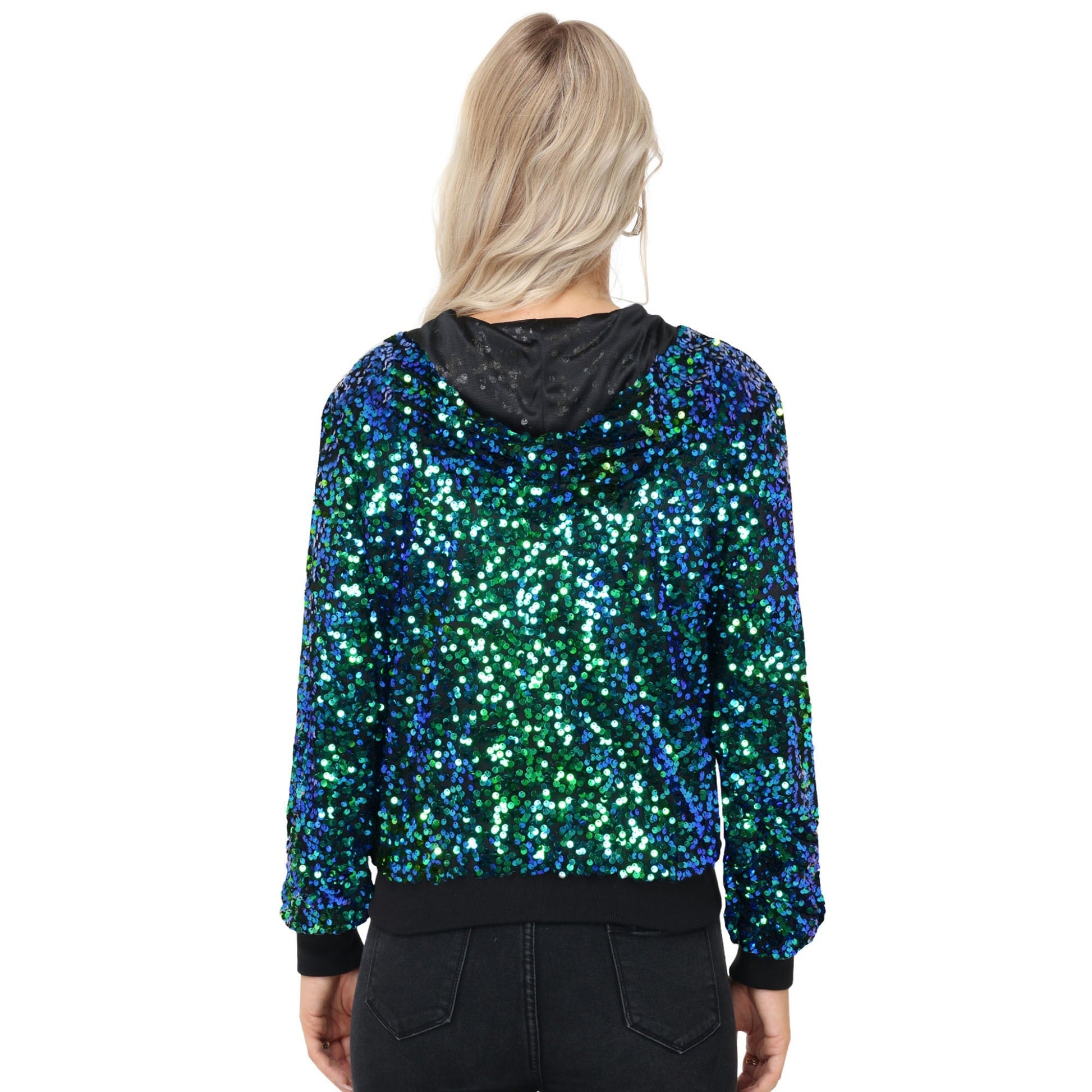Zip-Up Hoodie Jacket with Allover Sequin Embellishments and Ribbed Trim Anna-Kaci Wholesale
