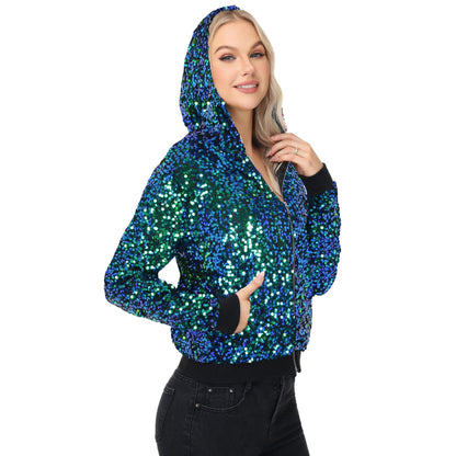 Zip-Up Hoodie Jacket with Allover Sequin Embellishments and Ribbed Trim Anna-Kaci Wholesale