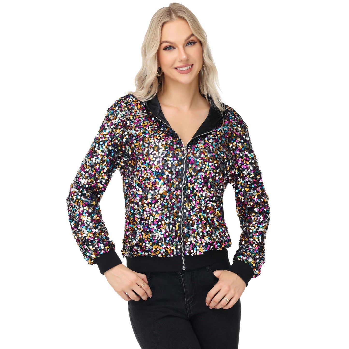 Zip-Up Hoodie Jacket with Allover Sequin Embellishments and Ribbed Trim Anna-Kaci Wholesale
