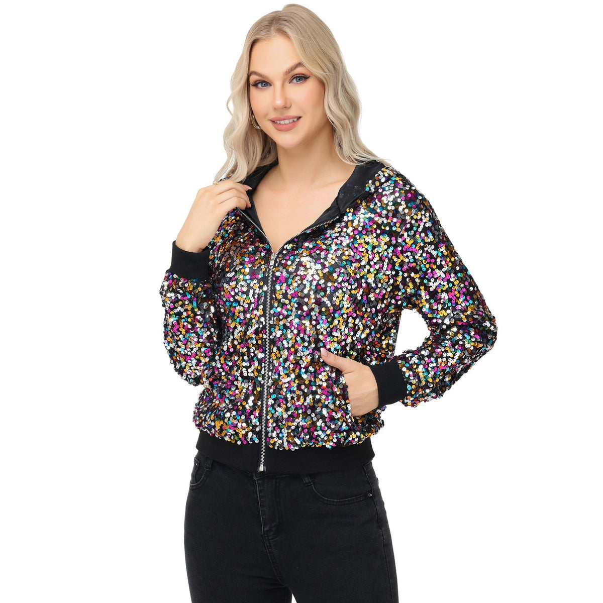 Zip-Up Hoodie Jacket with Allover Sequin Embellishments and Ribbed Trim Anna-Kaci Wholesale