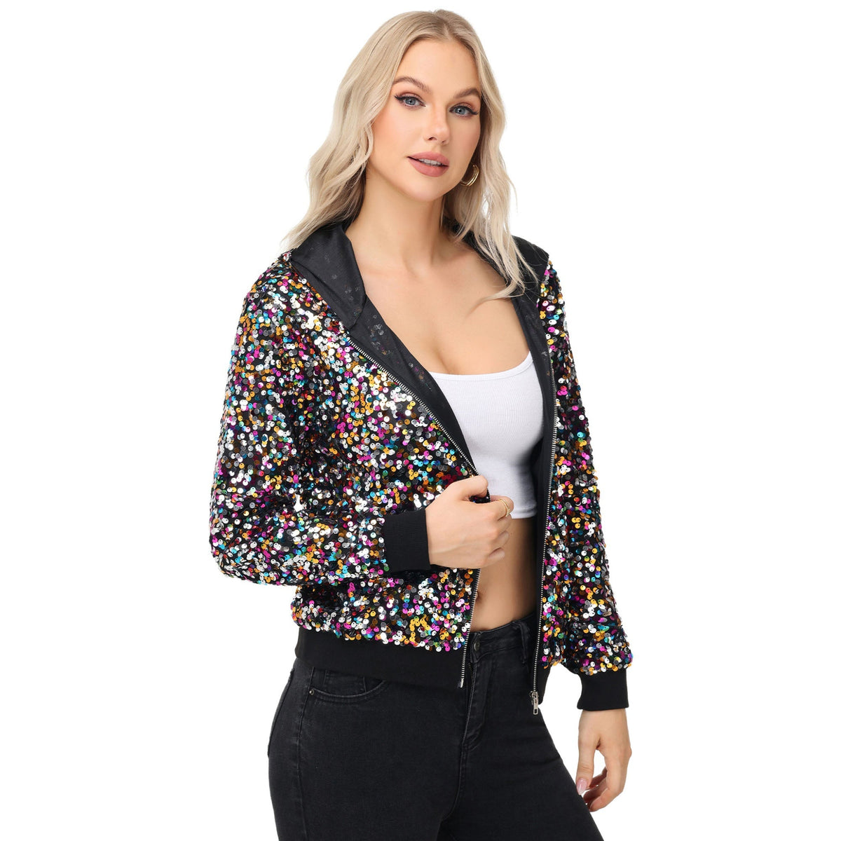 Zip-Up Hoodie Jacket with Allover Sequin Embellishments and Ribbed Trim Anna-Kaci Wholesale