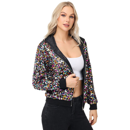 Zip-Up Hoodie Jacket with Allover Sequin Embellishments and Ribbed Trim Anna-Kaci Wholesale