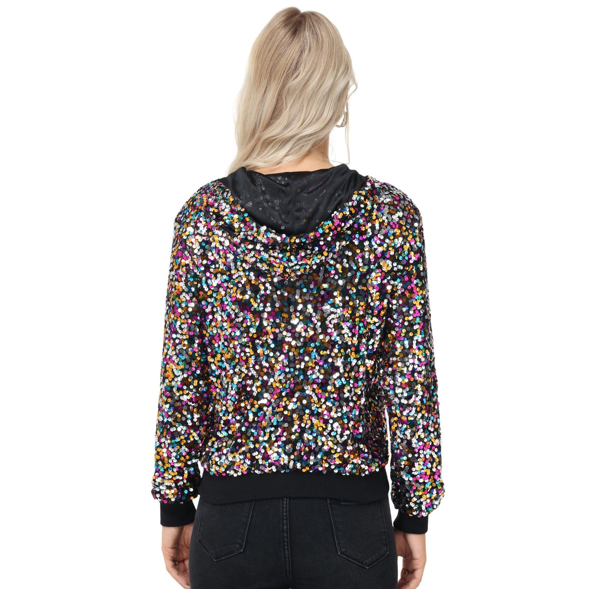 Zip-Up Hoodie Jacket with Allover Sequin Embellishments and Ribbed Trim Anna-Kaci Wholesale