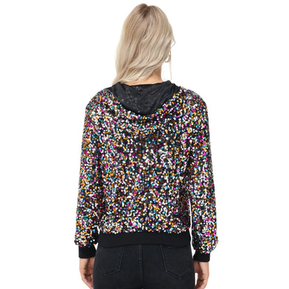 Zip-Up Hoodie Jacket with Allover Sequin Embellishments and Ribbed Trim Anna-Kaci Wholesale