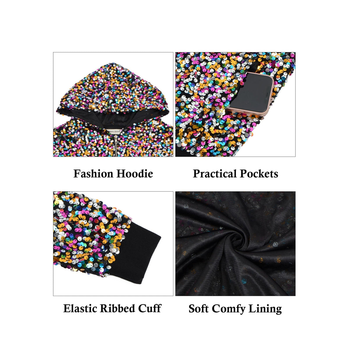 Zip-Up Hoodie Jacket with Allover Sequin Embellishments and Ribbed Trim Anna-Kaci Wholesale