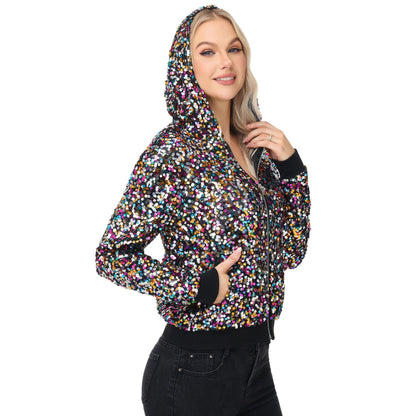 Zip-Up Hoodie Jacket with Allover Sequin Embellishments and Ribbed Trim Anna-Kaci Wholesale
