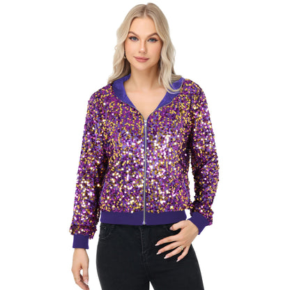Zip-Up Hoodie Jacket with Allover Sequin Embellishments and Ribbed Trim Anna-Kaci Wholesale