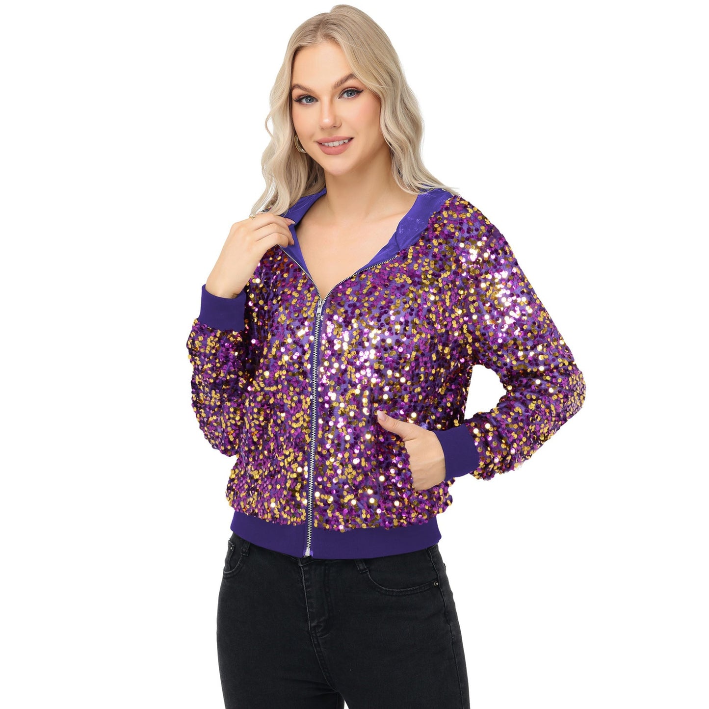 Zip-Up Hoodie Jacket with Allover Sequin Embellishments and Ribbed Trim Anna-Kaci Wholesale