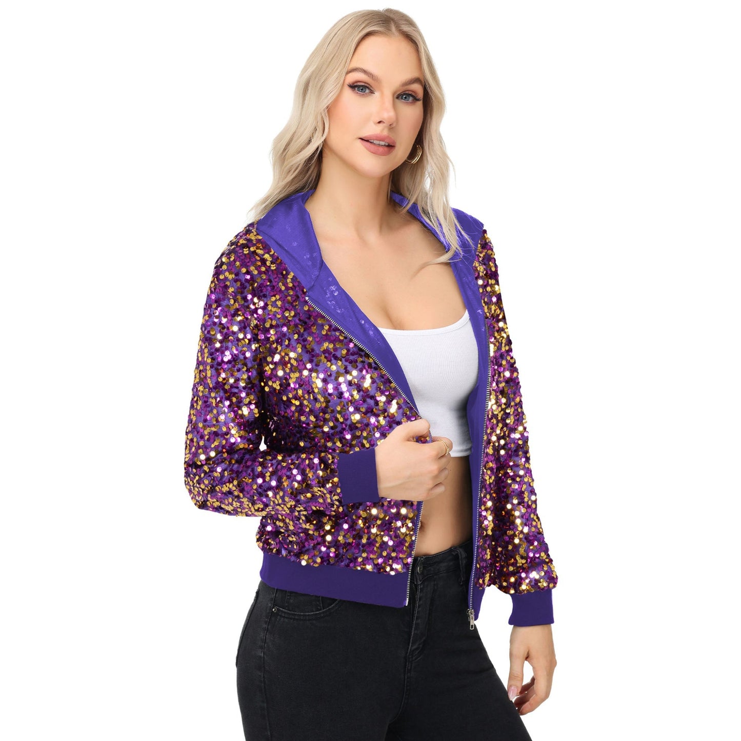 Zip-Up Hoodie Jacket with Allover Sequin Embellishments and Ribbed Trim Anna-Kaci Wholesale