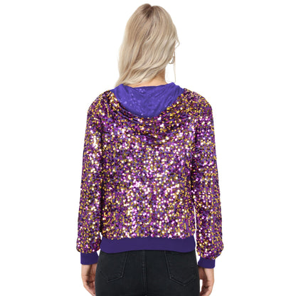 Zip-Up Hoodie Jacket with Allover Sequin Embellishments and Ribbed Trim Anna-Kaci Wholesale