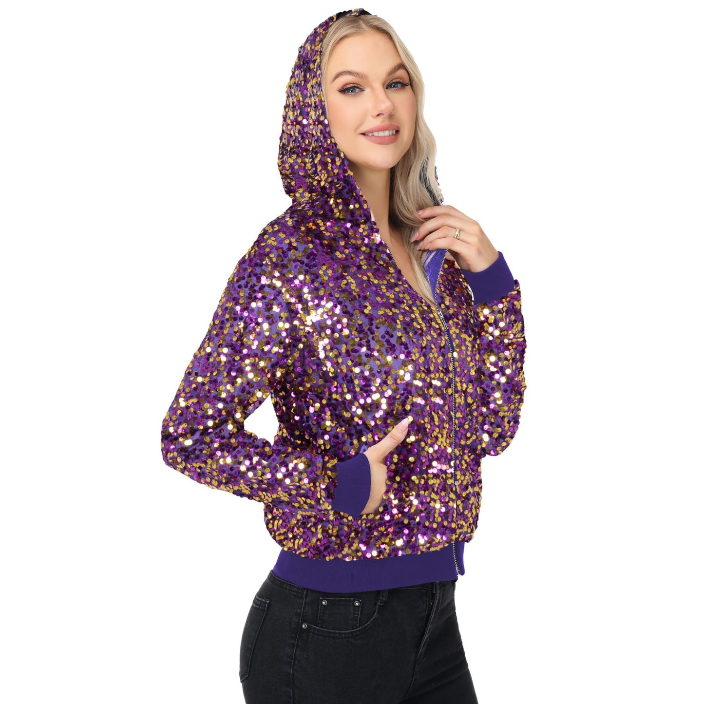 Zip-Up Hoodie Jacket with Allover Sequin Embellishments and Ribbed Trim Anna-Kaci Wholesale