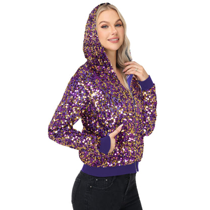 Zip-Up Hoodie Jacket with Allover Sequin Embellishments and Ribbed Trim Anna-Kaci Wholesale