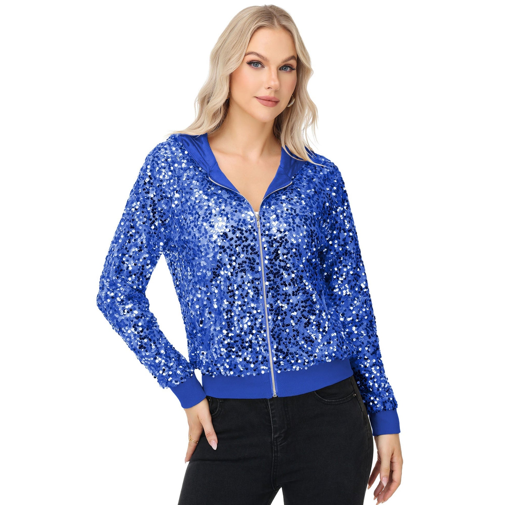 Zip-Up Hoodie Jacket with Allover Sequin Embellishments and Ribbed Trim Anna-Kaci Wholesale