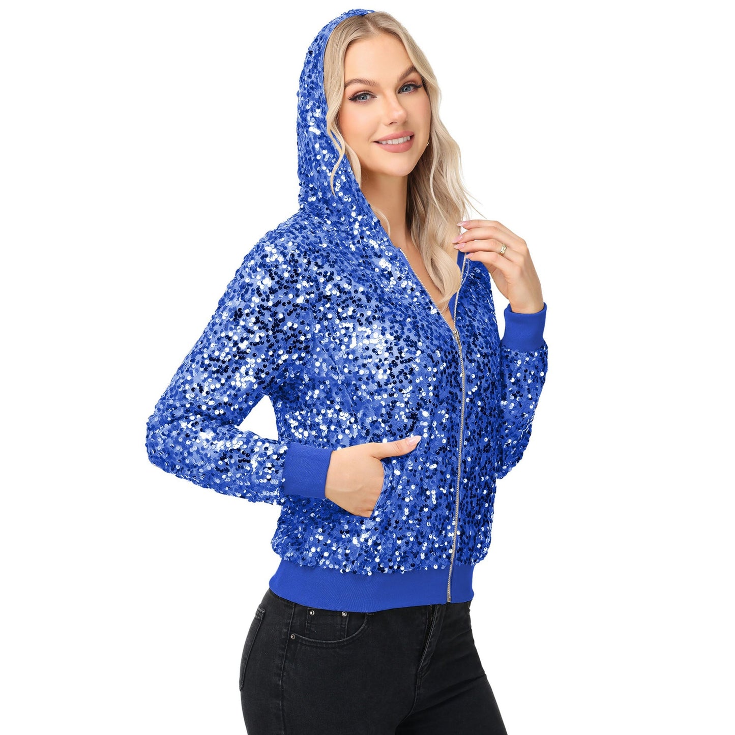 Zip-Up Hoodie Jacket with Allover Sequin Embellishments and Ribbed Trim Anna-Kaci Wholesale