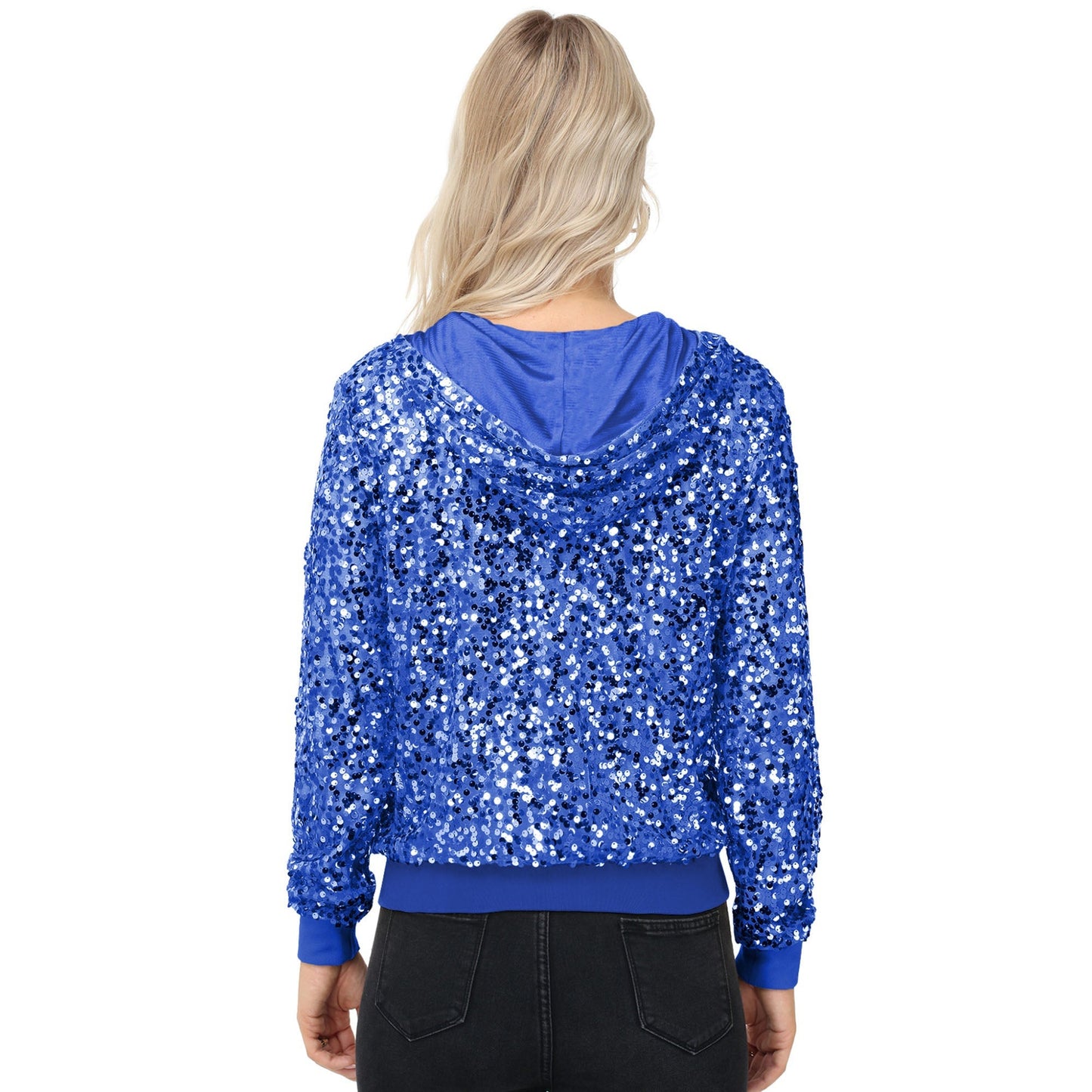 Zip-Up Hoodie Jacket with Allover Sequin Embellishments and Ribbed Trim Anna-Kaci Wholesale