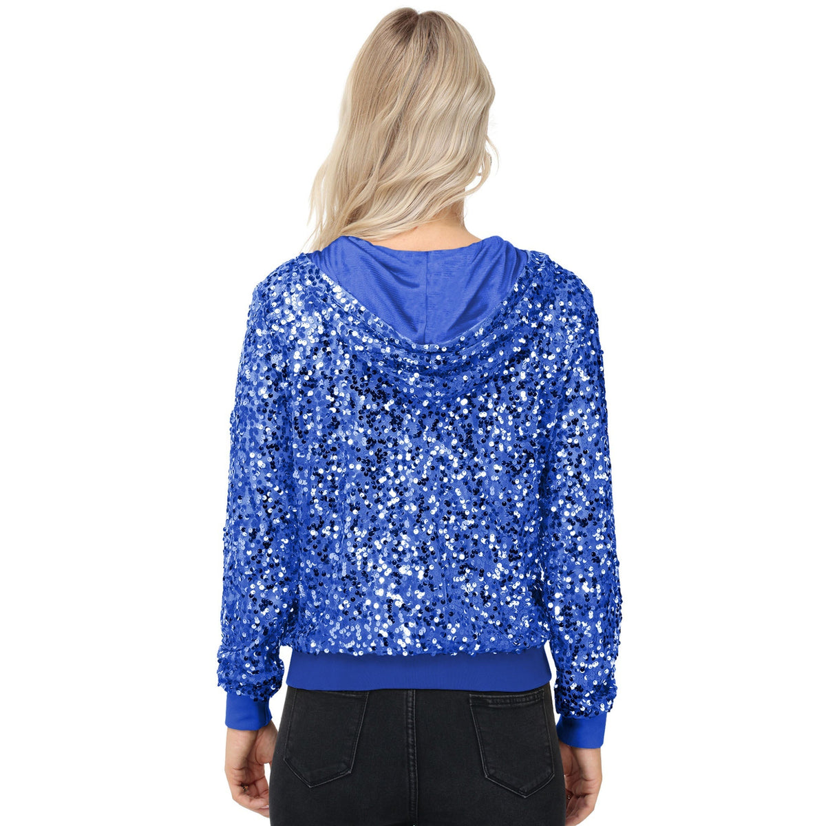 Zip-Up Hoodie Jacket with Allover Sequin Embellishments and Ribbed Trim Anna-Kaci Wholesale