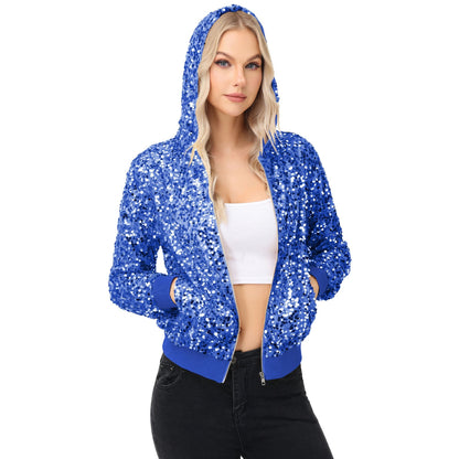 Zip-Up Hoodie Jacket with Allover Sequin Embellishments and Ribbed Trim Anna-Kaci Wholesale