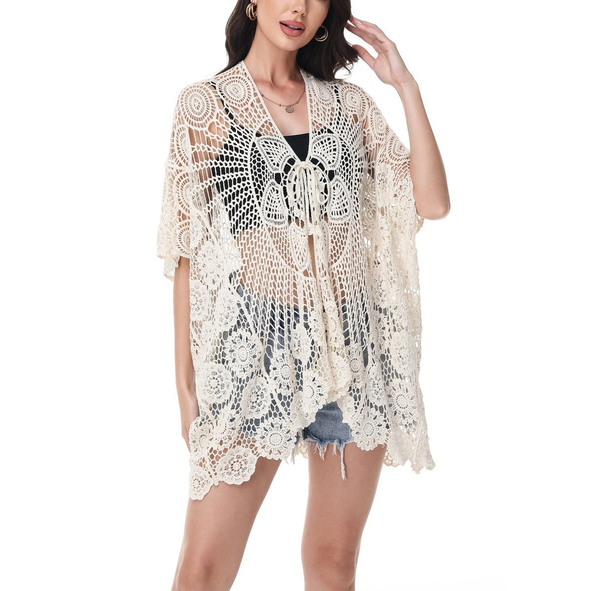 Open Front Crochet Cover-Up with Floral Pattern and Short Sleeves Anna-Kaci Wholesale