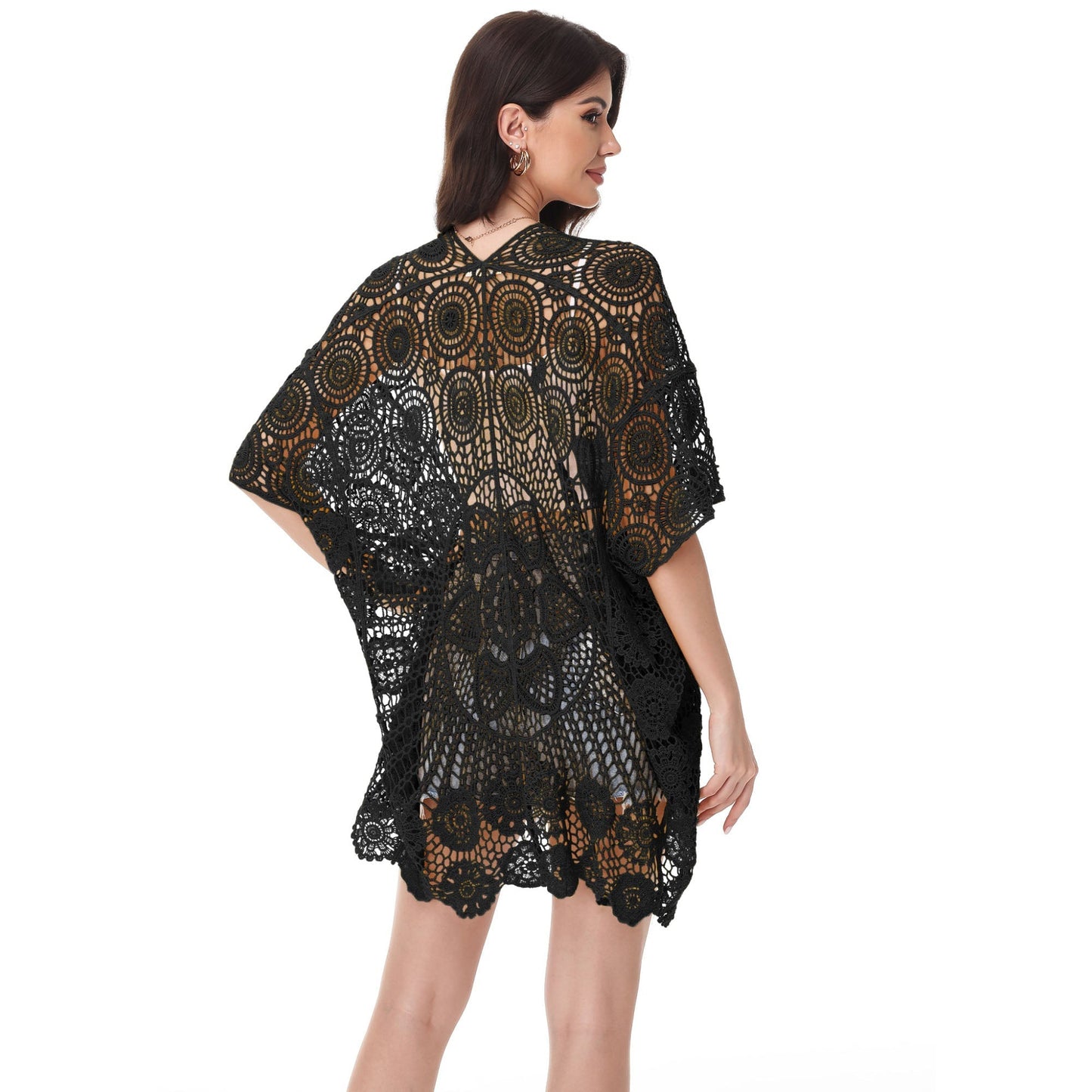 Open Front Crochet Cover-Up with Floral Pattern and Short Sleeves Anna-Kaci Wholesale