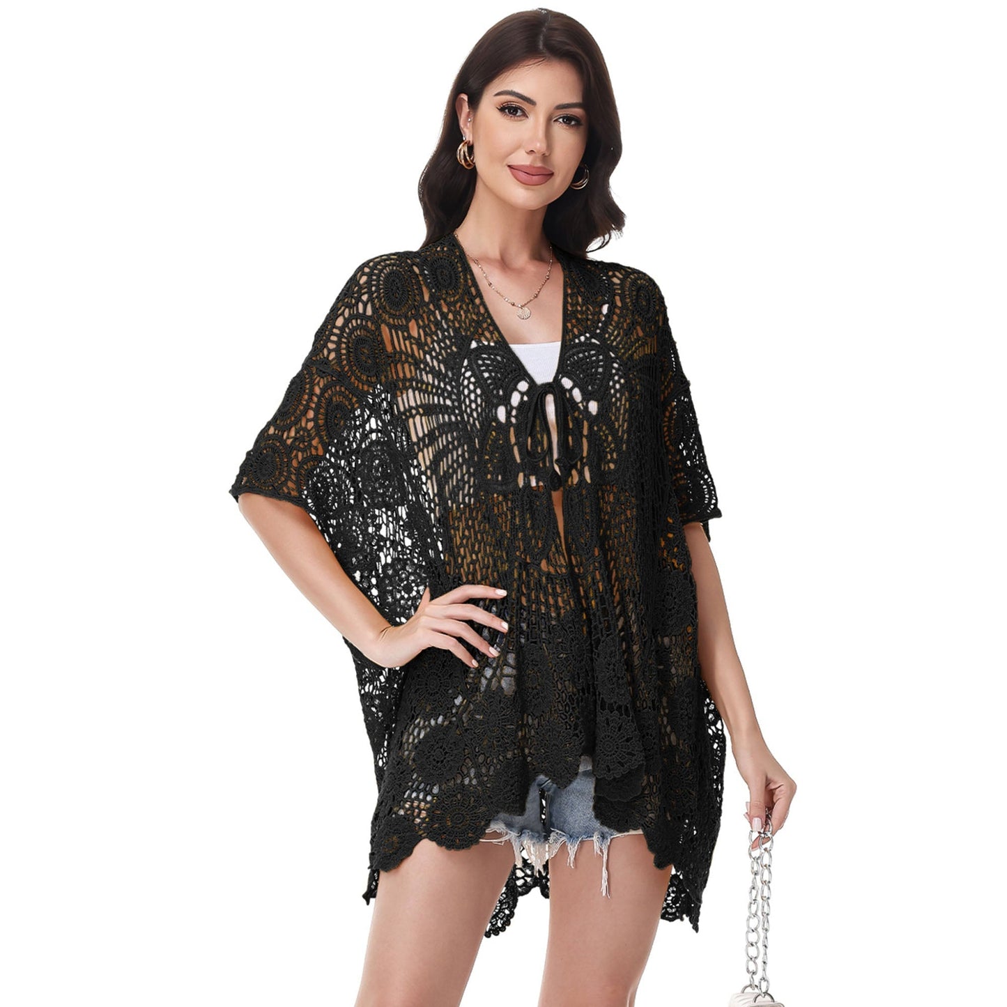 Open Front Crochet Cover-Up with Floral Pattern and Short Sleeves Anna-Kaci Wholesale