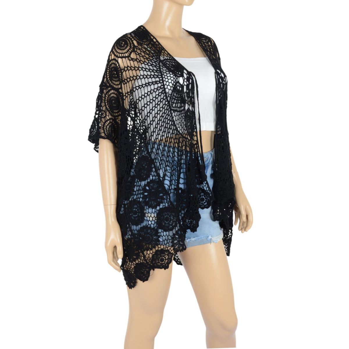 Open Front Crochet Cover-Up with Floral Pattern and Short Sleeves Anna-Kaci Wholesale