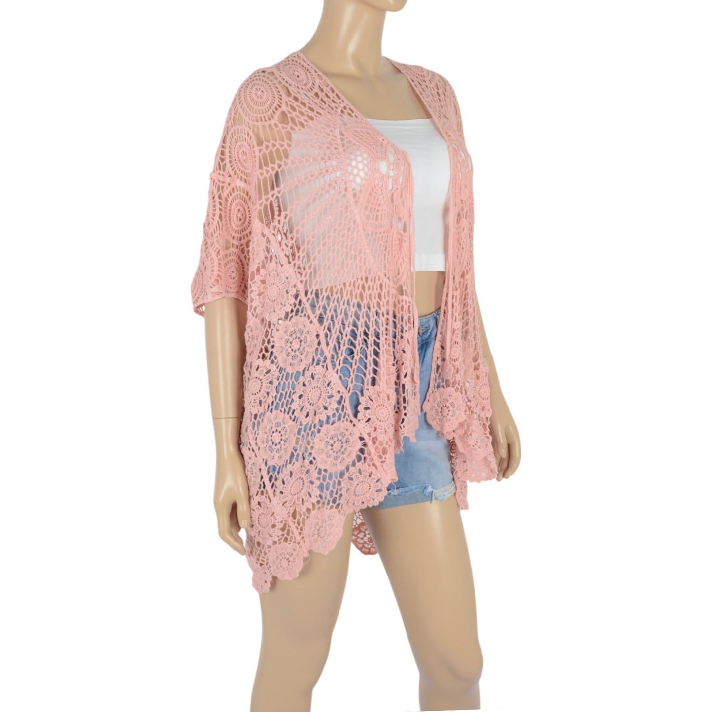 Open Front Crochet Cover-Up with Floral Pattern and Short Sleeves Anna-Kaci Wholesale