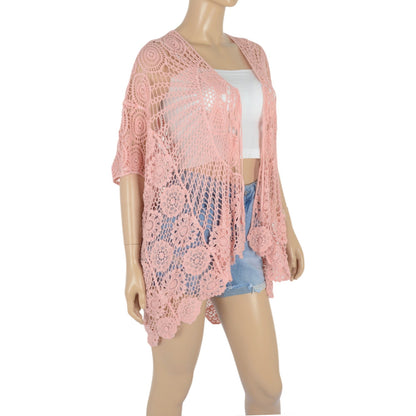 Open Front Crochet Cover-Up with Floral Pattern and Short Sleeves Anna-Kaci Wholesale