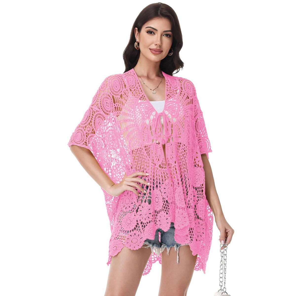 Open Front Crochet Cover-Up with Floral Pattern and Short Sleeves Anna-Kaci Wholesale