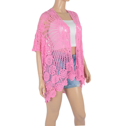 Open Front Crochet Cover-Up with Floral Pattern and Short Sleeves Anna-Kaci Wholesale