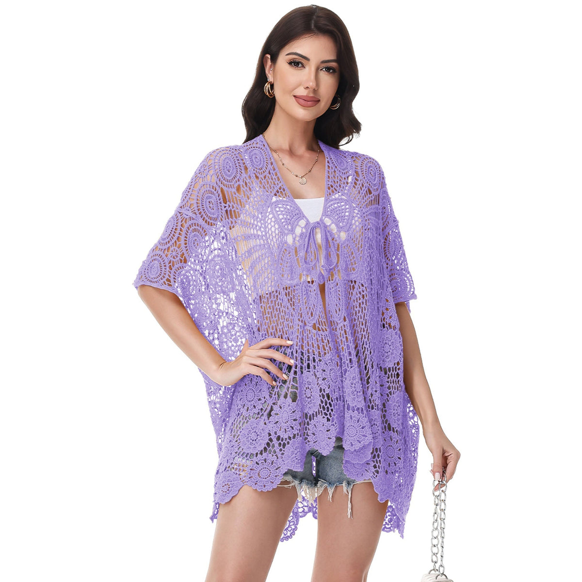 Open Front Crochet Cover-Up with Floral Pattern and Short Sleeves Anna-Kaci Wholesale
