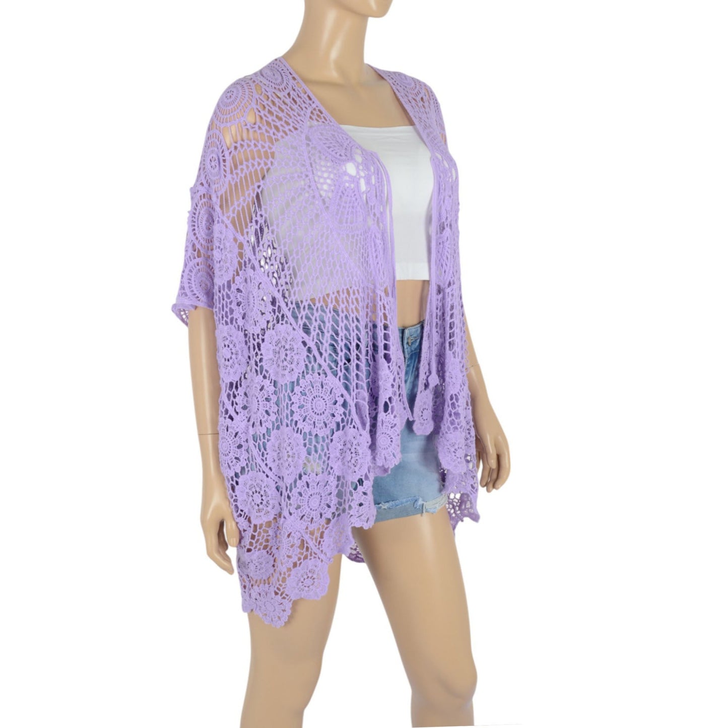 Open Front Crochet Cover-Up with Floral Pattern and Short Sleeves Anna-Kaci Wholesale