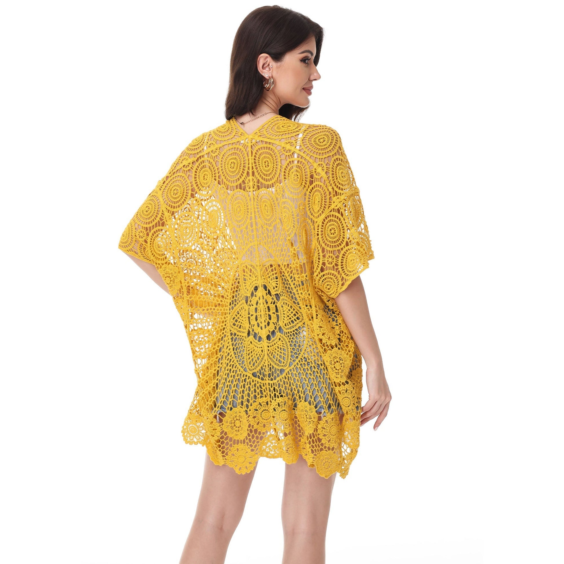 Open Front Crochet Cover-Up with Floral Pattern and Short Sleeves Anna-Kaci Wholesale