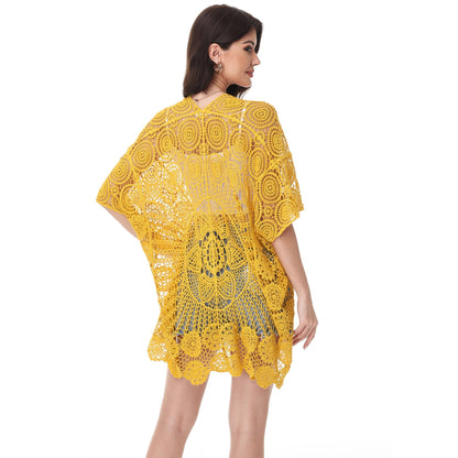 Open Front Crochet Cover-Up with Floral Pattern and Short Sleeves Anna-Kaci Wholesale