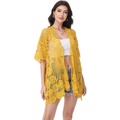 Open Front Crochet Cover-Up with Floral Pattern and Short Sleeves Anna-Kaci Wholesale