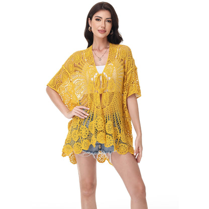Open Front Crochet Cover-Up with Floral Pattern and Short Sleeves Anna-Kaci Wholesale