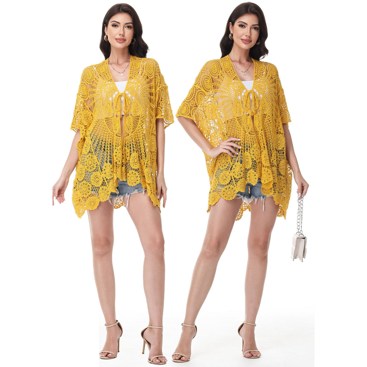 Open Front Crochet Cover-Up with Floral Pattern and Short Sleeves Anna-Kaci Wholesale
