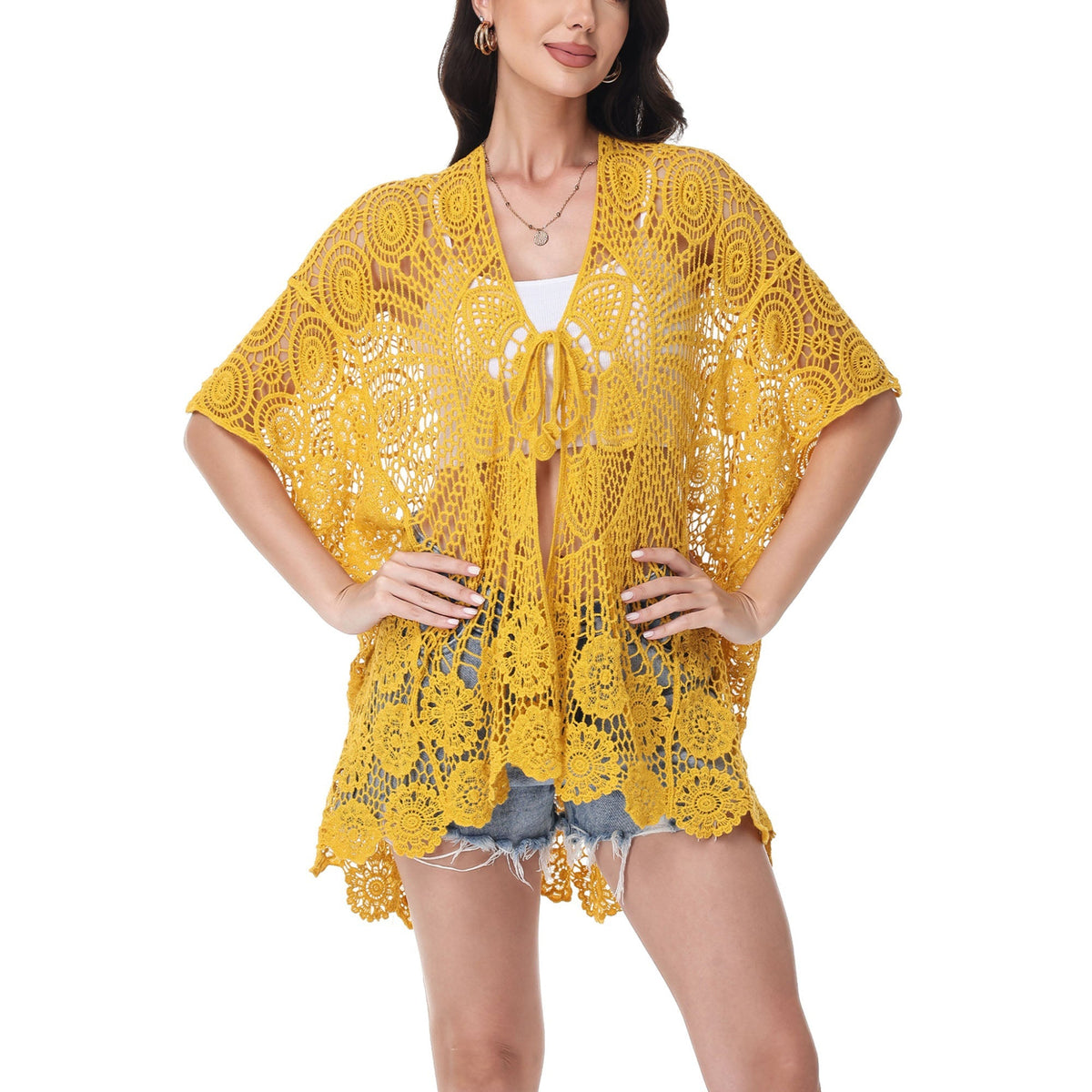 Open Front Crochet Cover-Up with Floral Pattern and Short Sleeves Anna-Kaci Wholesale