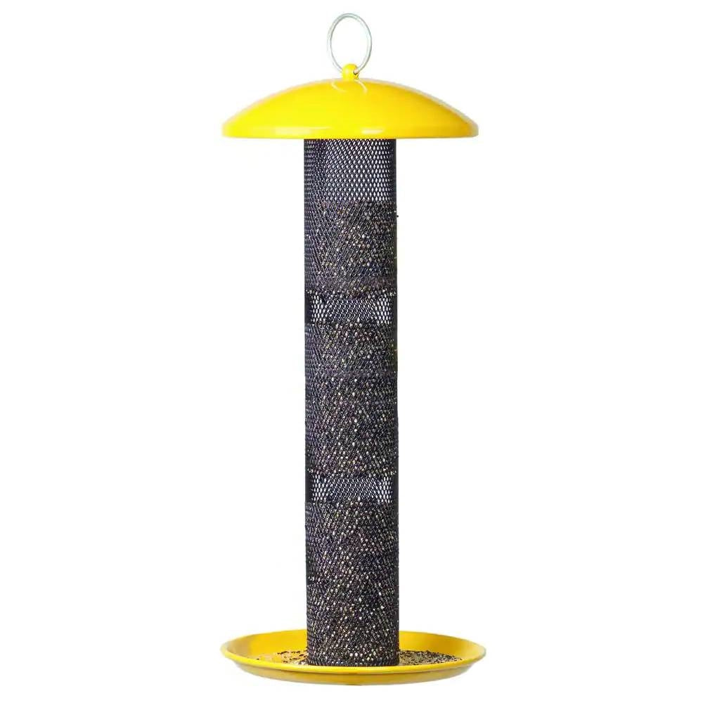 Durable Metal Mesh Tube Hanging Bird Feeder with Yellow Top and Perch FastFurnishings