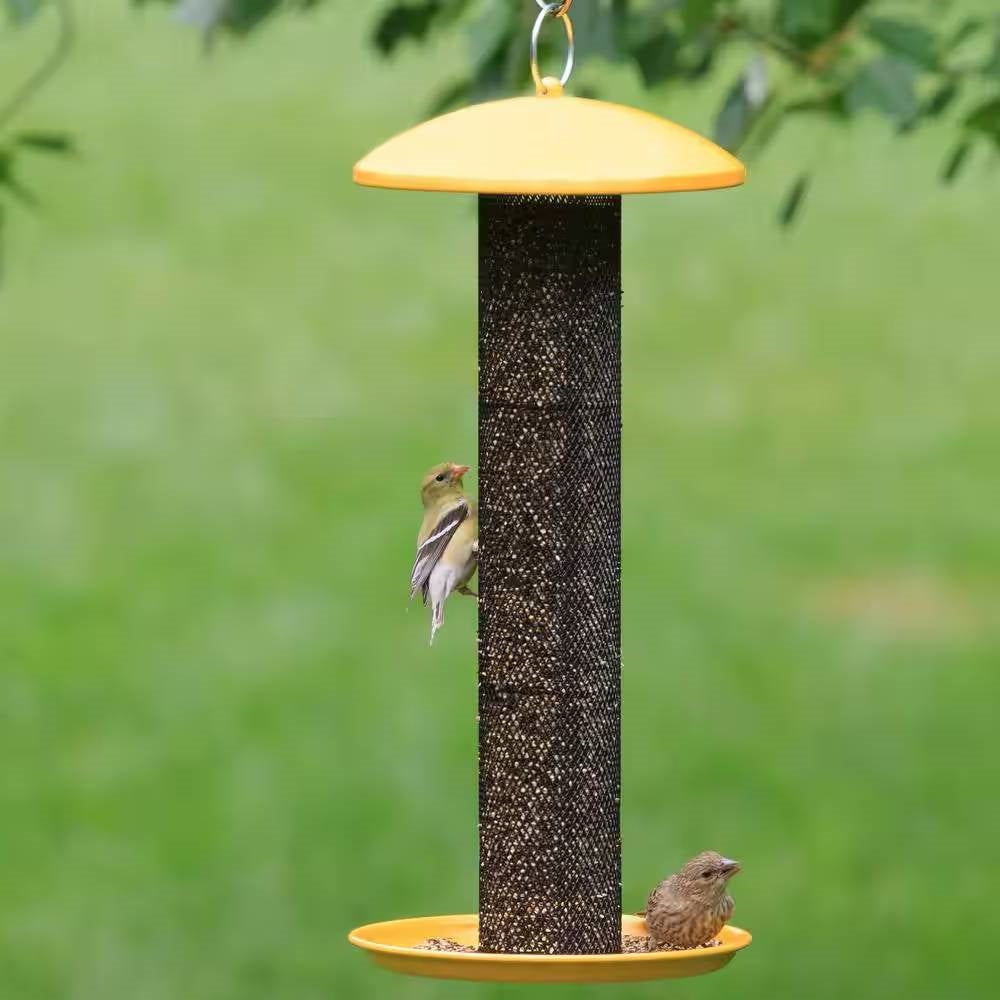 Durable Metal Mesh Tube Hanging Bird Feeder with Yellow Top and Perch FastFurnishings