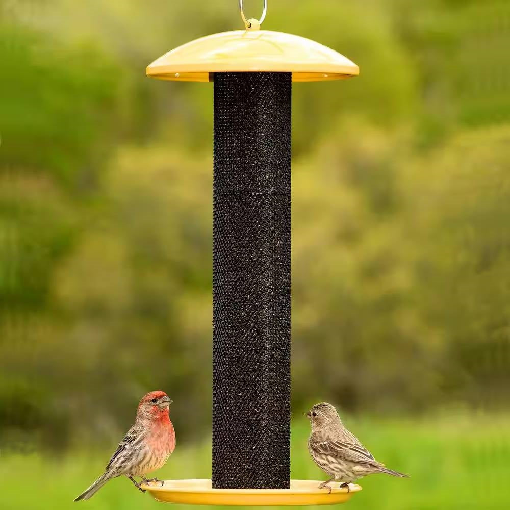 Durable Metal Mesh Tube Hanging Bird Feeder with Yellow Top and Perch FastFurnishings
