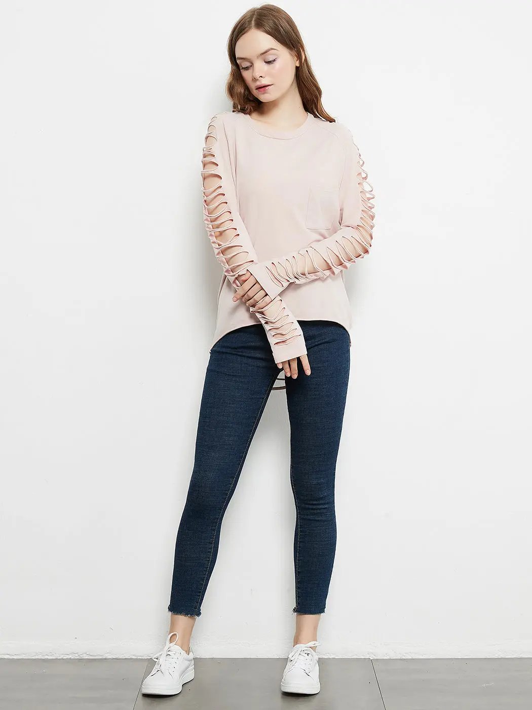Ripped Long-Sleeve Pullover Top