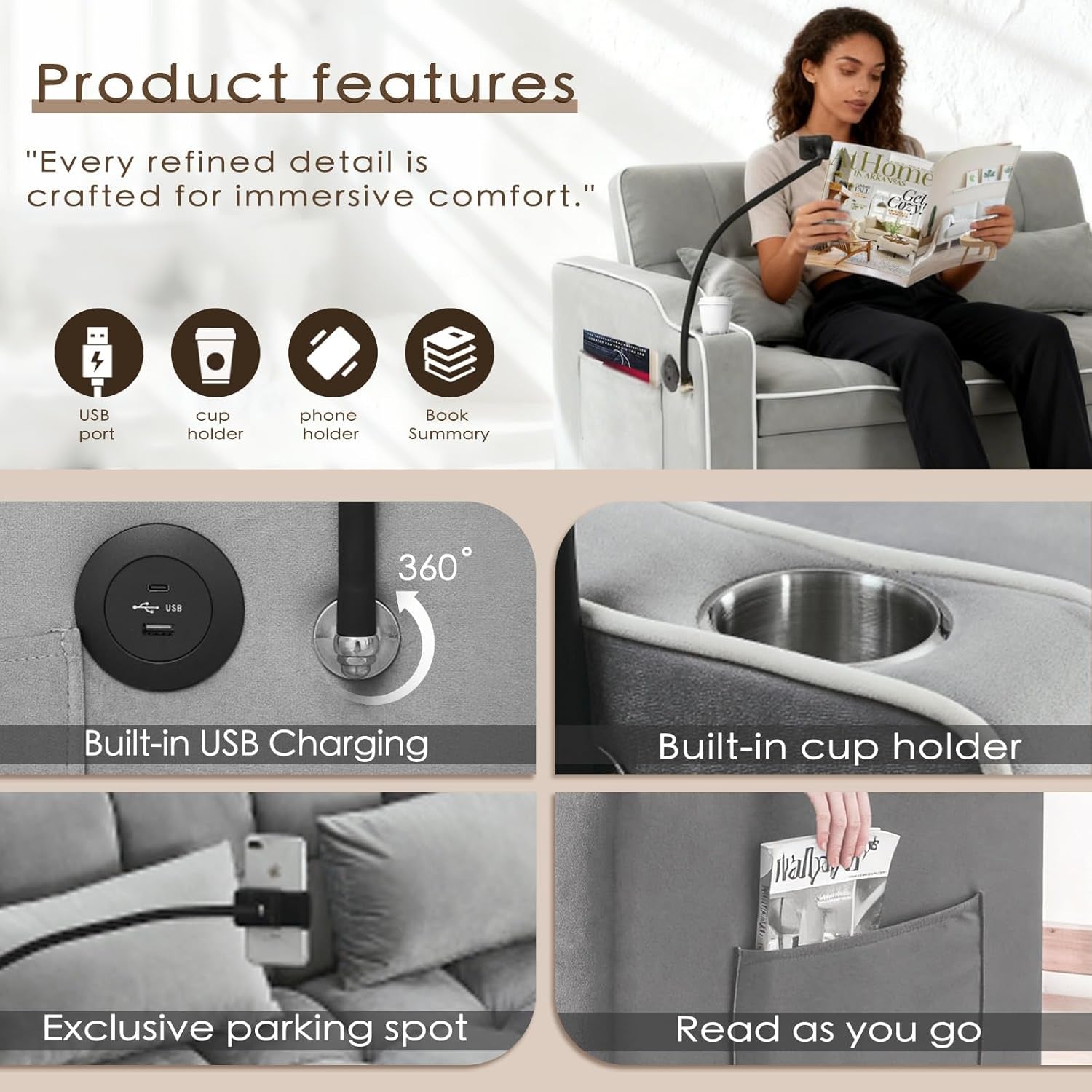 Grey Convertible Sleeper Loveseat Bed With ThreeInOne ShipItFurniture